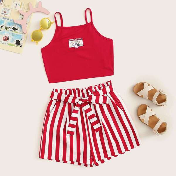 

Girls Graphic Cami Top and Paperbag Waist Shorts Set, Red
