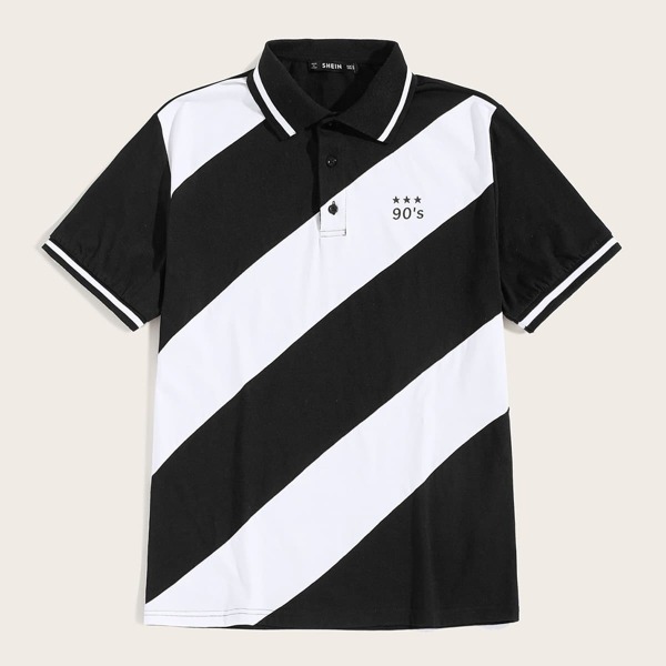 

Men Letter and Star Print Two Tone Polo Shirt