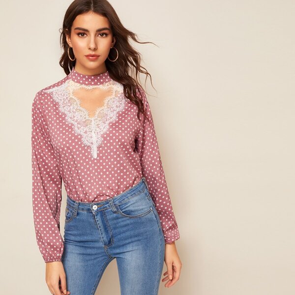

Choker Neck Lace Insert Polka Dot Top, Pink