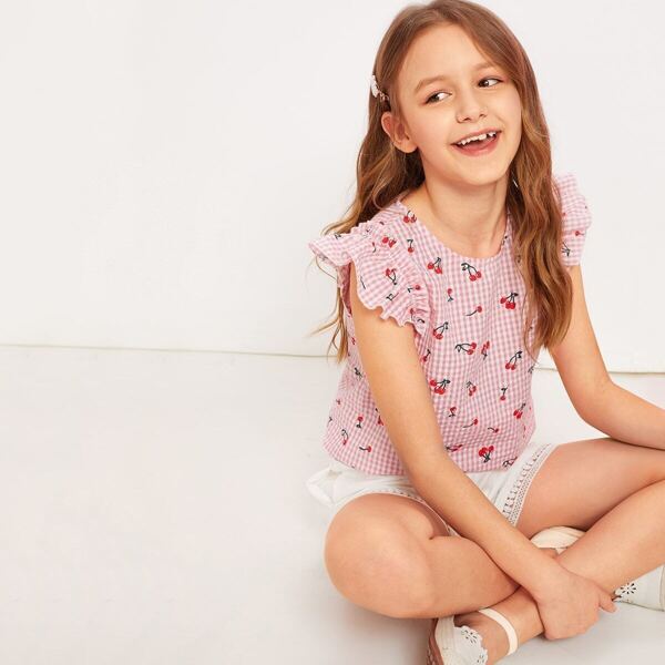 

Girls Ruffle Trim Gingham and Cherry Print Top