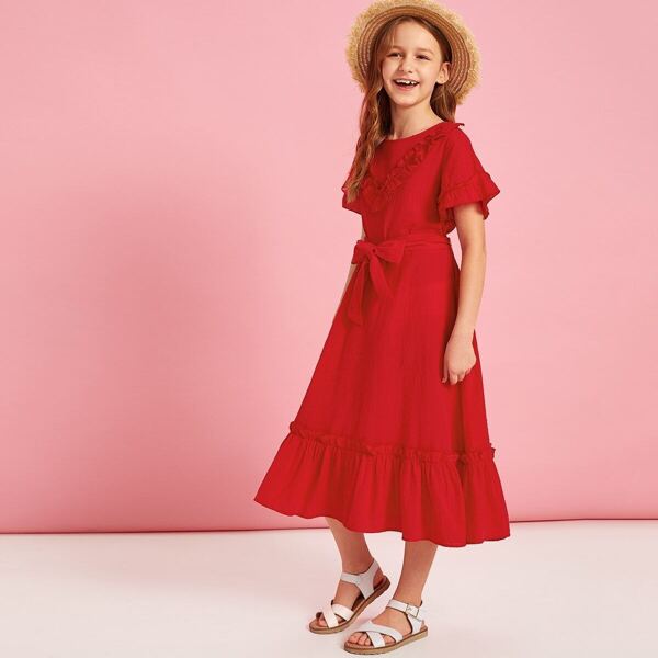 

Girls Chevron Ruffle Trim Fit and Flare Dress, Red