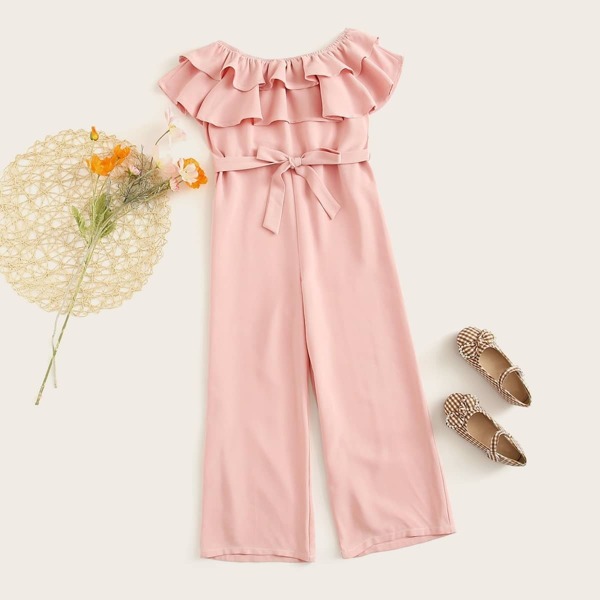 

Girls Off Shoulder Ruffle Overlay Belted Jumpsuit, Pink pastel