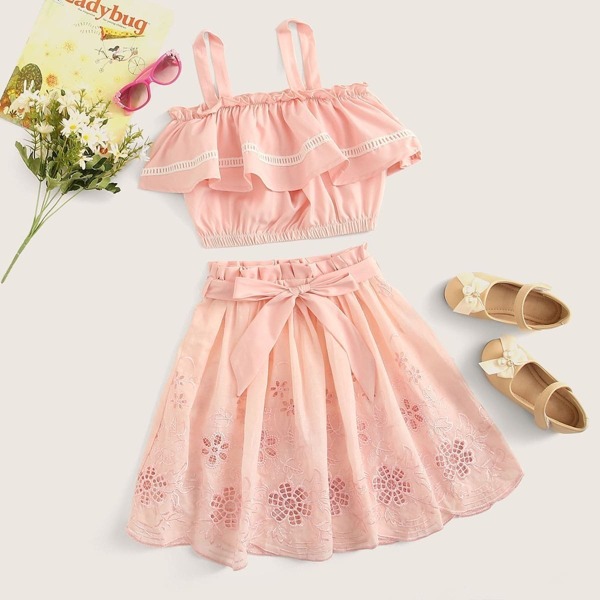 

Girls Tank Top & Paperbag Waist Embroidery Eyelet Skirt Set, Pink