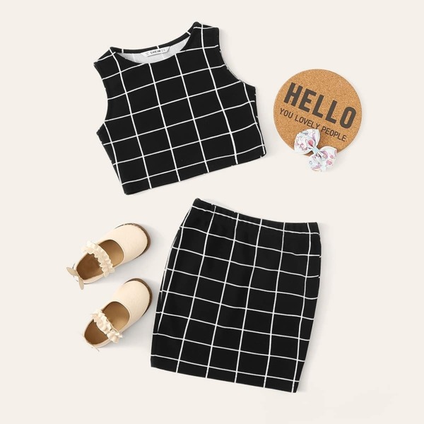 

Girls Grid Print Tank Top and Skirt Set