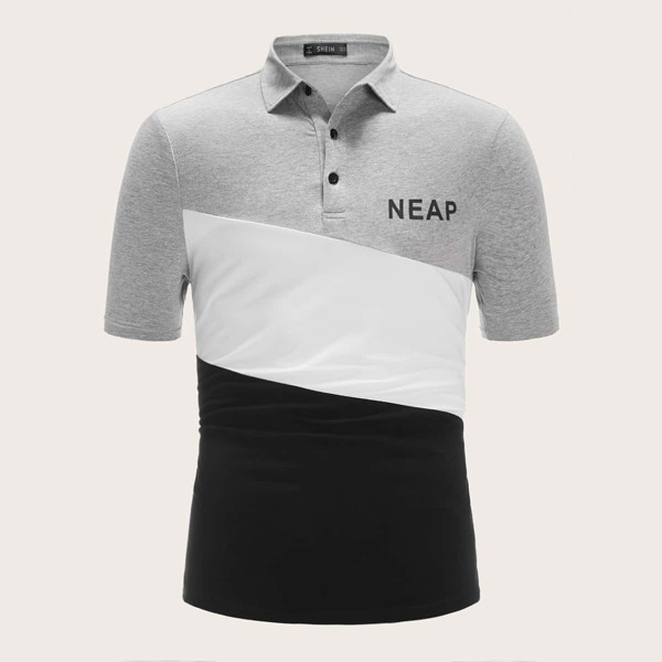 

Men Letter Print Color-block Polo Shirt