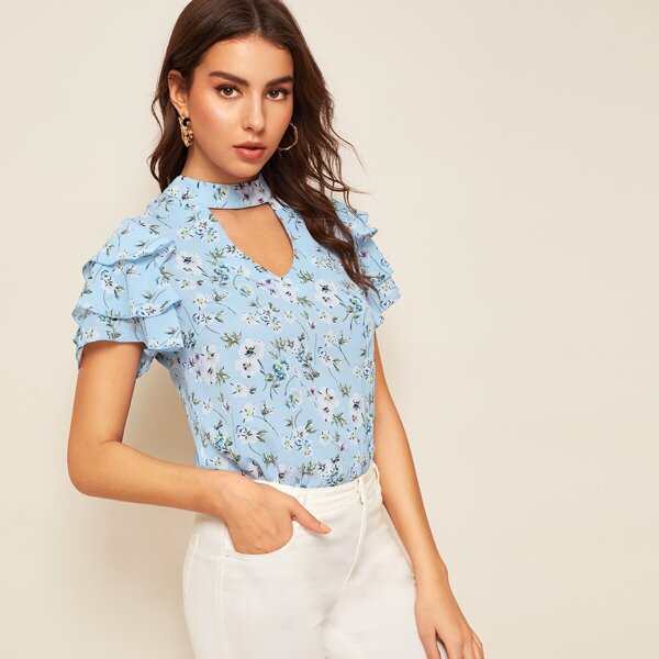 

Ditsy Floral Choker Neck Layered Sleeve Top, Blue