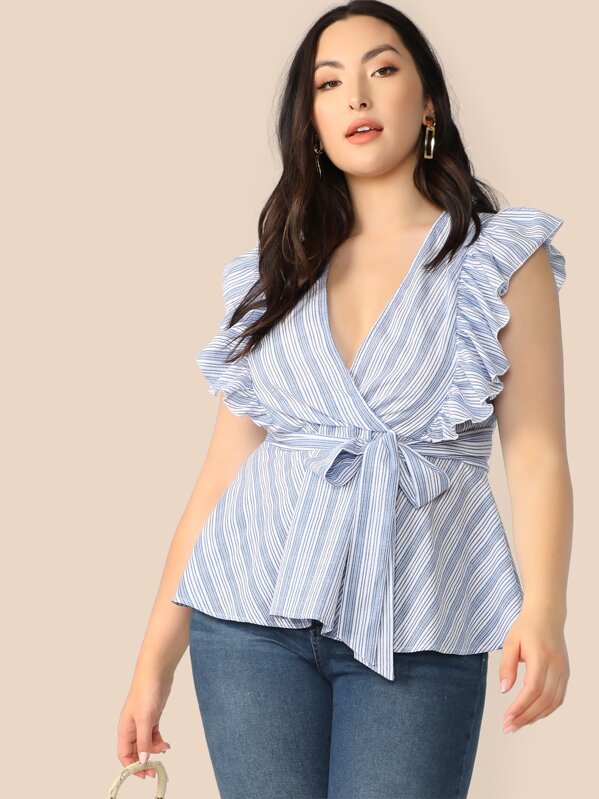 

Plus Striped Ruffle Armhole Wrap Belted Peplum Top, Blue, Yumi