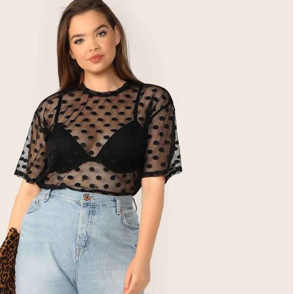 

Plus Sheer Mesh Polka Dot Blouse Without Bra