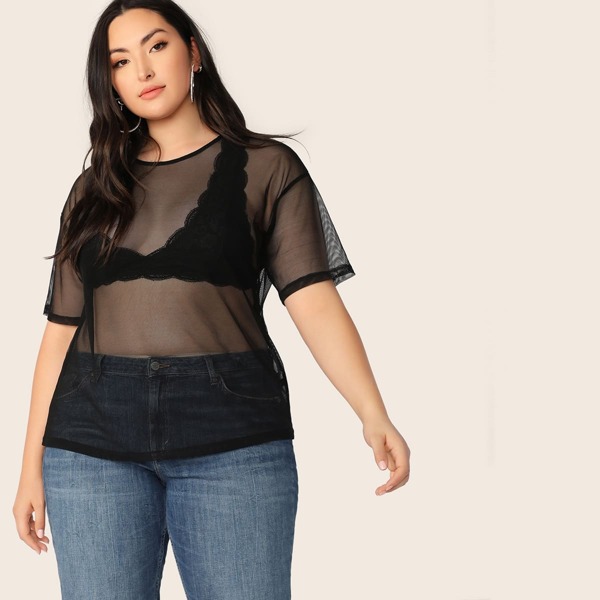 

Plus Solid Sheer Mesh Top Without Bra, Black