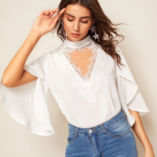 

Eyelash Lace Trim Split Flounce Sleeve Top, White
