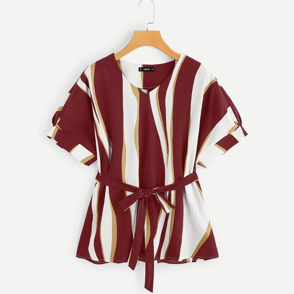 

Colorblock Striped Self Belted Top