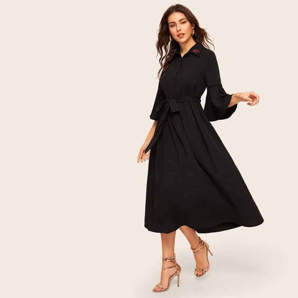 

Floral Appliques Bell Sleeve Belted Shirt Dress, Black