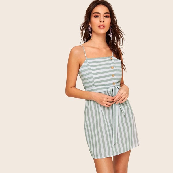 

Button Detail Striped Belted Slip Dress