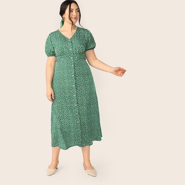 

Plus Ditsy Floral Print Shirt Dress, Green