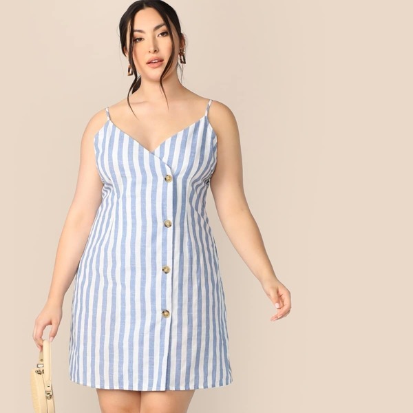 

Plus Single Breasted Striped Cami Dress, Blue