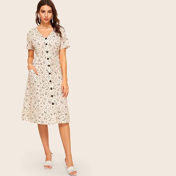 

Single Breasted Front Patch Pocket Dot Dress
