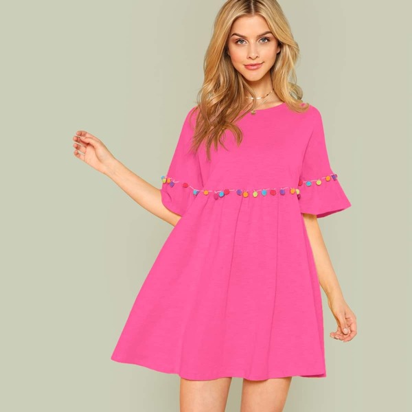 

Neon Pink Colorful Pompom Detail Smock Dress, Pink bright