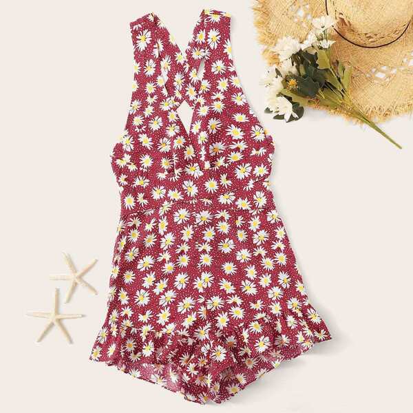 

Daisy Print Surplice Neck Crisscross Back Romper, Multicolor