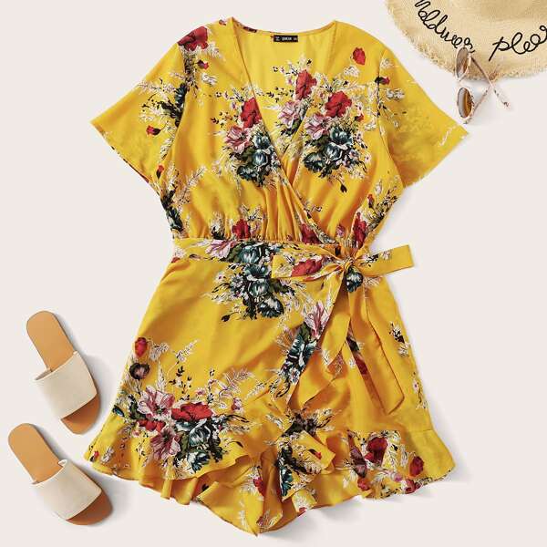 

Surplice Neck Tie Side Ruffle Hem Romper, Yellow bright