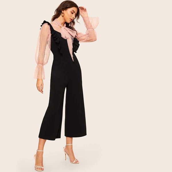 

Ruffle Trim Wide Leg Solid Pinafore Jumpsuit