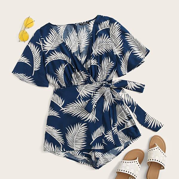 

Wrap Belted Tropical Print Romper, Navy