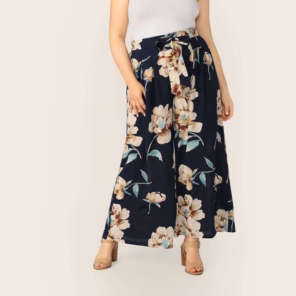

Plus Tie Front Wide Leg Floral Pants, Navy