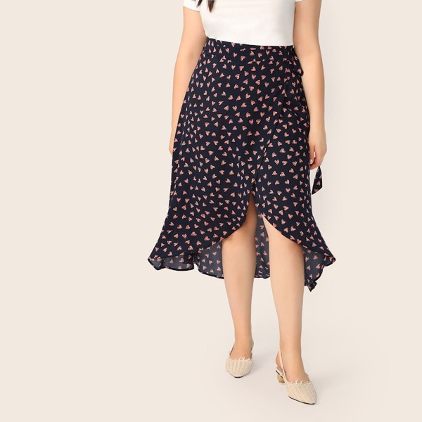 

Plus Heart Print Asymmetrical Hem Wrap Skirt, Navy