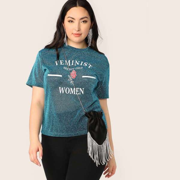 

Plus Graphic Print Sheer Glitter Top