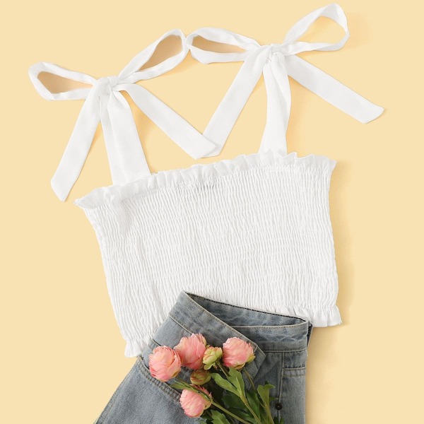 

Tie Strap Frill Trim Shirred Tank Top, White