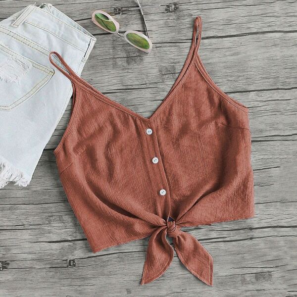 

Plus Buttoned Knot Front Cami Top, Red