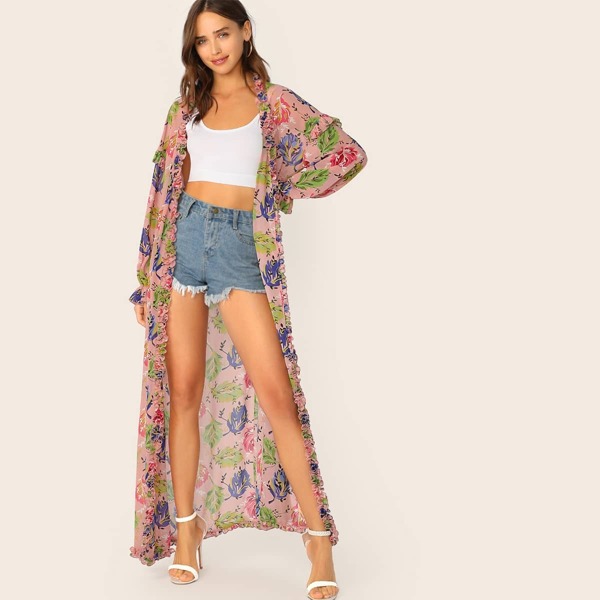 

Frill Trim Puff Sleeve Maxi Kimono, Multicolor