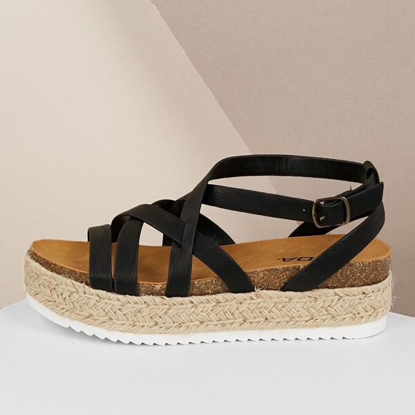 

Strappy Jute Trim Buckled Ankle Flatform Sandals, Black