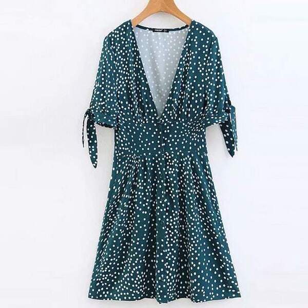 

V-neck Knotted Cuff Polka Dot Dress, Green