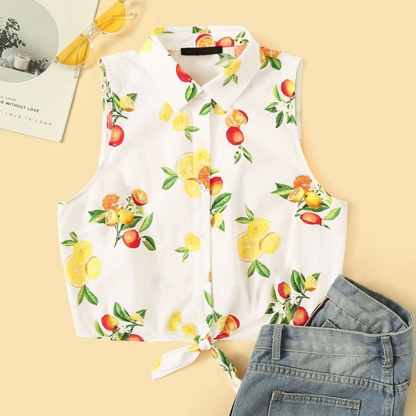 

Orange Print Button & Tie Front Blouse