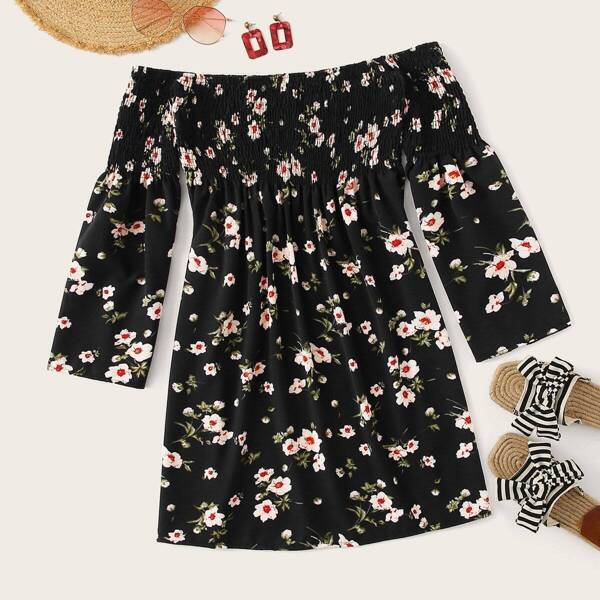 

Ditsy Floral Shirred Off The Shoulder Dress, Black