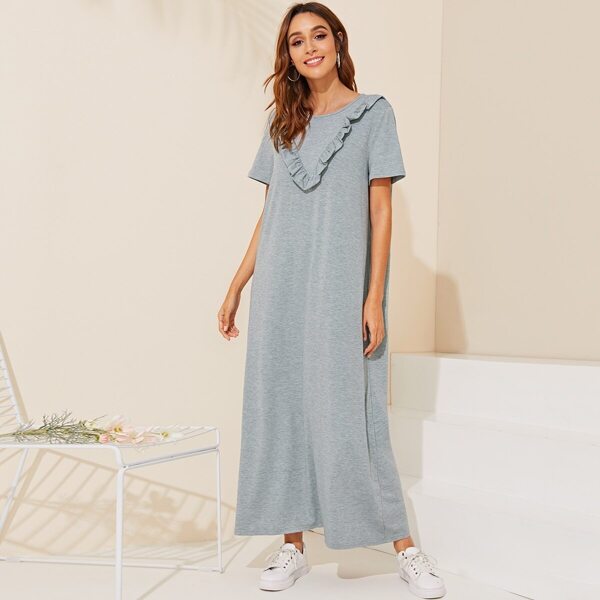 

Ruffle Trim Solid T-shirt Dress, Grey
