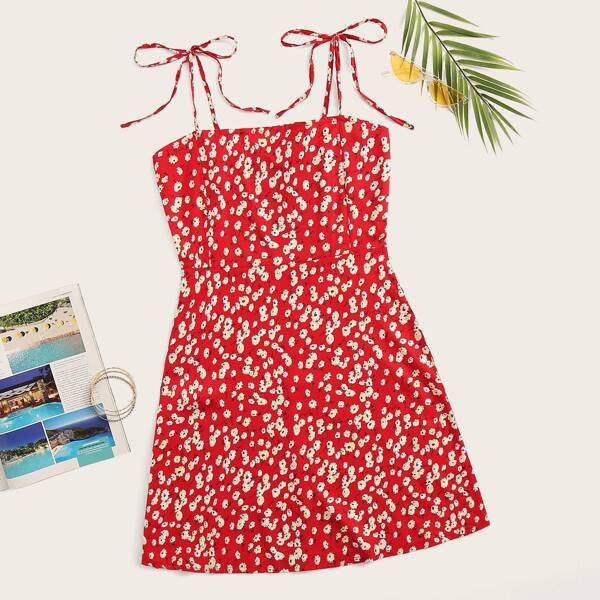 

Ditsy Floral Self-Tie Cami Dress, Red