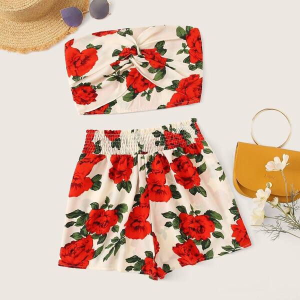 

Floral Print Twist Front Tube Top With Shorts, Multicolor