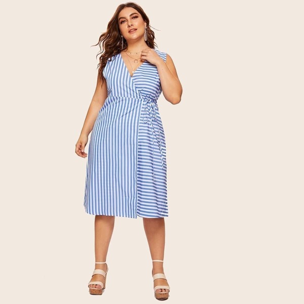 

Plus Striped Wrap Tie Side Dress, Blue