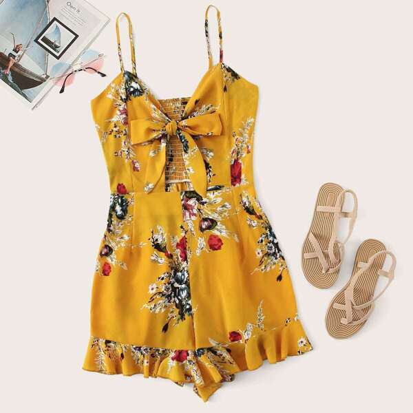 

Plus Floral Print Shirred Knot Ruffle Hem Romper