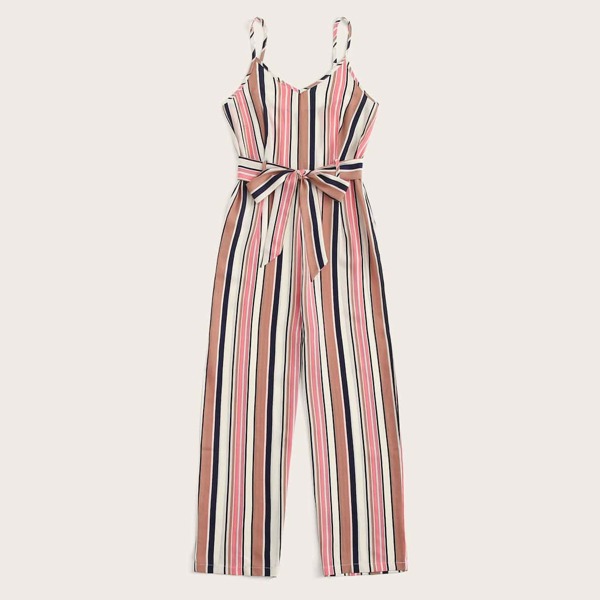 

Plus Striped Self Tie Cami Jumpsuit, Multicolor