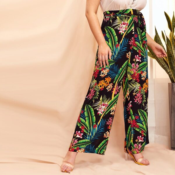 

Plus Floral And Palm Tree Print Wide Leg Pants, Multicolor