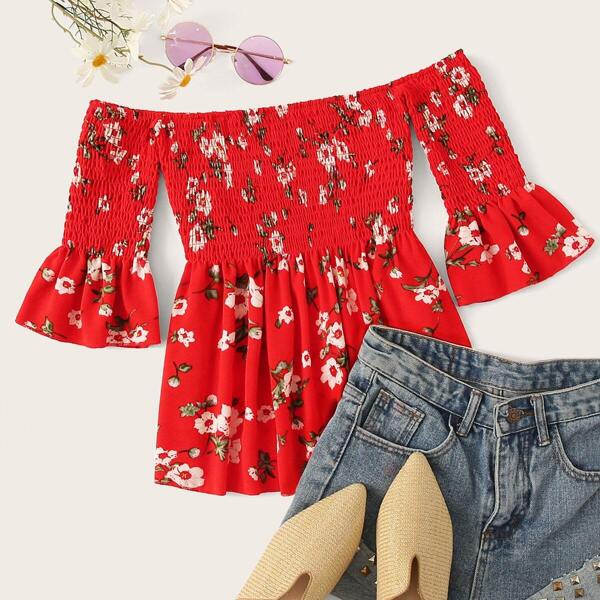 

Off-shoulder Floral Print Shirred Blouse, Red