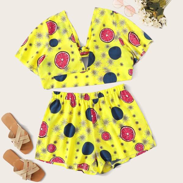 

Plus Lemon Print Knot Top With Shorts, Yellow