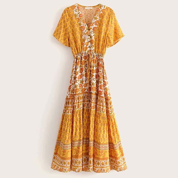Drawstring Waist Floral Print Dress