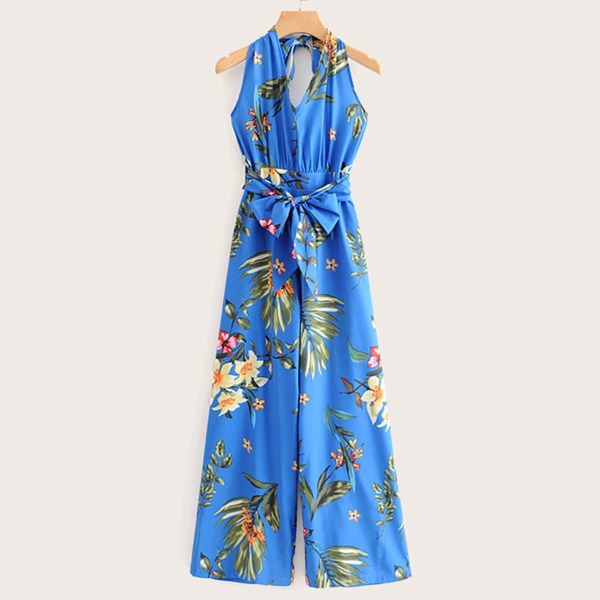 

Self Tie Floral Print Halter Jumpsuit, Blue