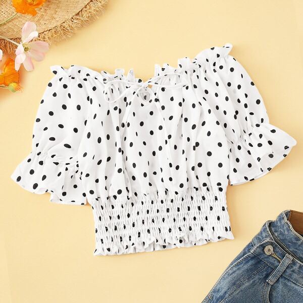 

Tie Front Polka Dot Print Shirred Hem Blouse