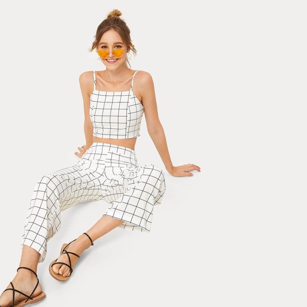 

Plaid Print Shirred Back Cami Top With Pants