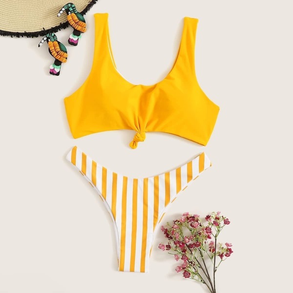 

Knot Top With High Leg Striped Bikini Set, Yellow