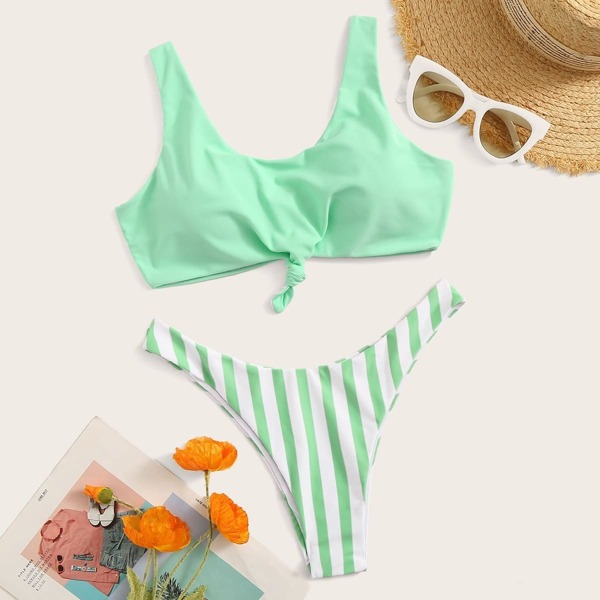 

Knot Top With Striped High Leg Bikini Set